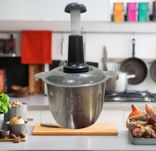 Multifunctional Manual Stainless Steel Bowl Hand Push Chopper with 4 Curved Stainless Steel Blades For Vegetables & Meat 2L