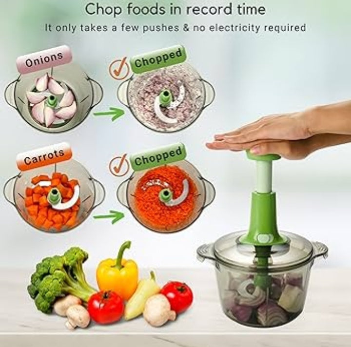 Manual Hand Operated 1500 ML litter Chopper Pump Action Food Processor Portable Container And Easy To Clean Kitchen Gadget.