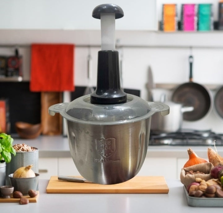 Multifunctional Manual Stainless Steel Bowl Hand Push Chopper with 4 Curved Stainless Steel Blades For Vegetables & Meat 2L